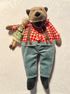 Big bag wolf Plush Wolf  Doll and Granny - Red Check Shirt & Blue Pants